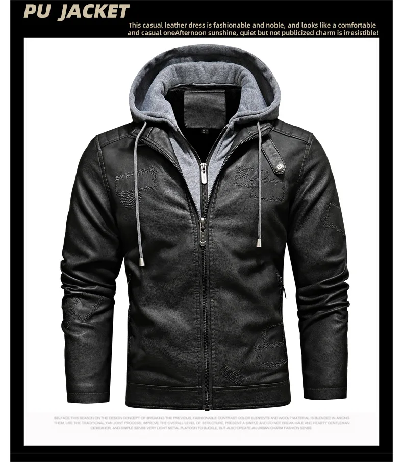 

Autumn Winter Men's Vintage Casual Trendy Simple Basic Detachable Hooded Faux Leather Jackets Male New Fashion PU Coats Clothes