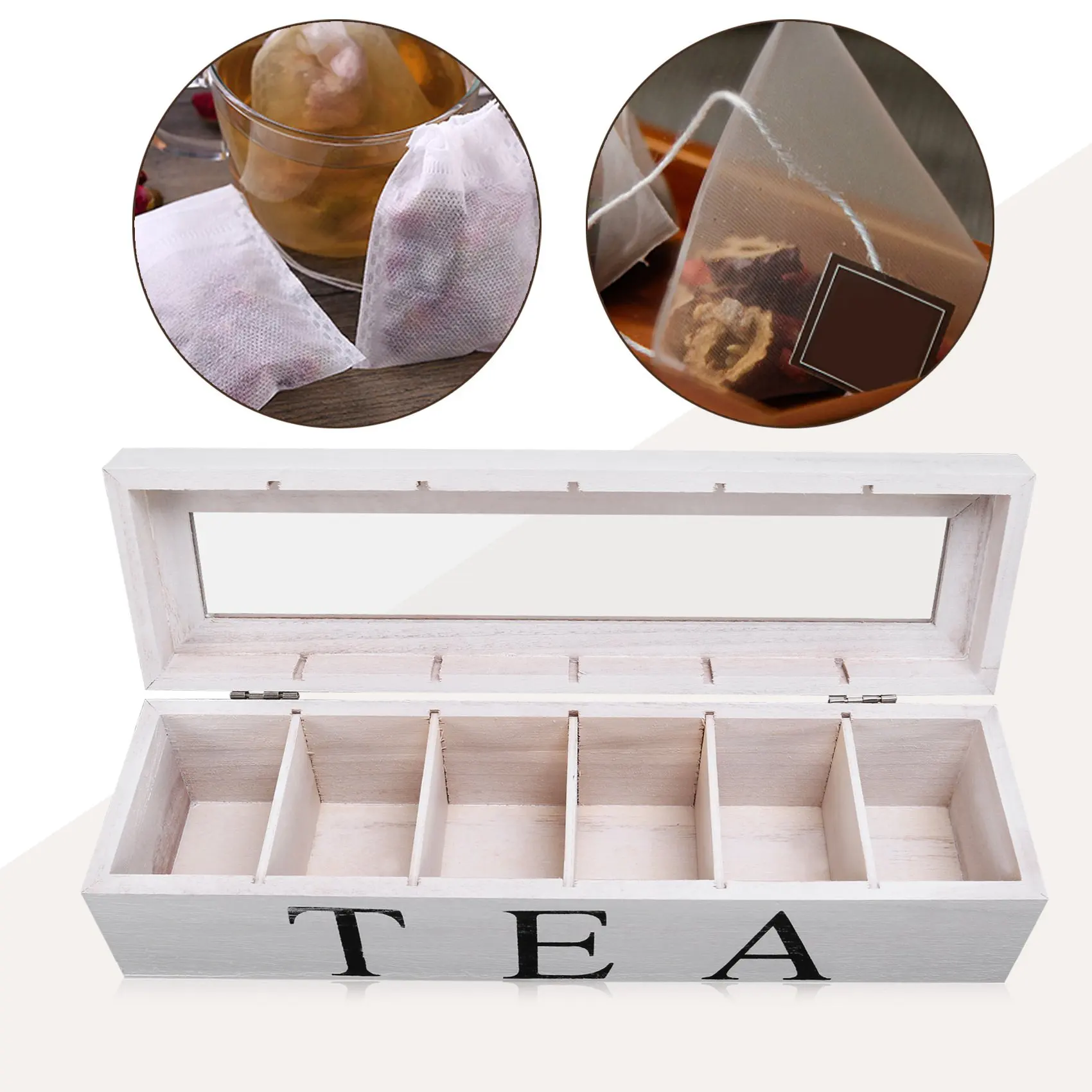 Coffe and Tea Box Organizer Wooden with Lid Coffee Tea Bag Storage Holder Organizer for Kitchen Cabinets A