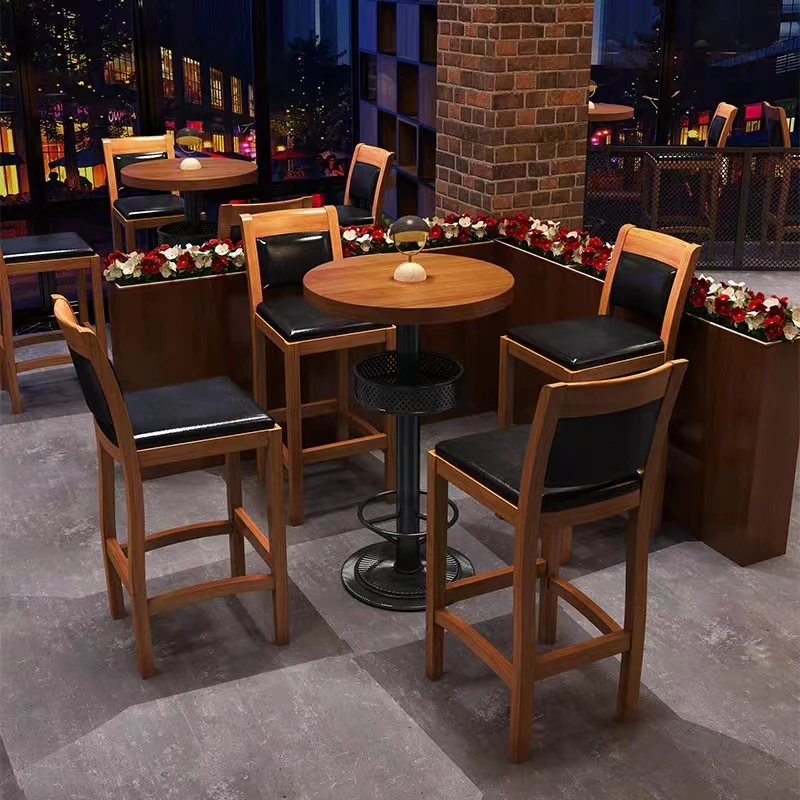 Kursi tinggi kayu bergaya modern klasik industrial, set meja bundar tinggi dengan penyimpanan, furnitur bar