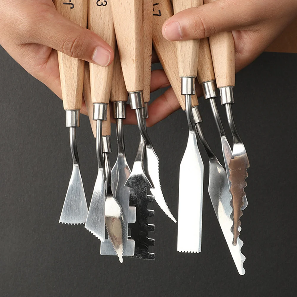 

10Pcs Oil Painting Scrapers Wooden Handle Metal Spatulas Durable Color Mixing Tools for Artists Pigment Stirring Paint Supplies