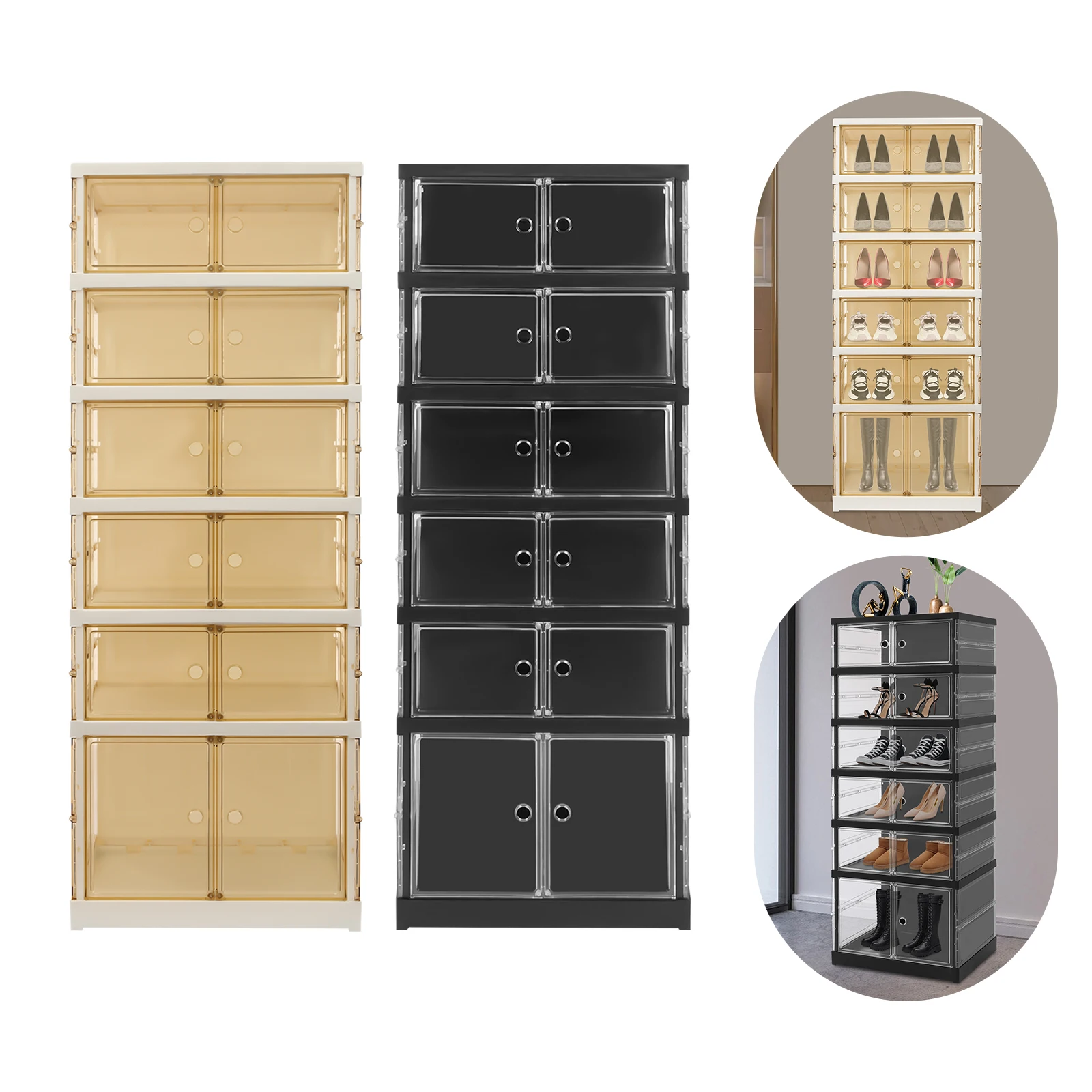 

6-tier PP Shoe Storage Cabinet,White/Black Rectangular 12 Pairs Foldable Shoe Storage Box 44*34.5*117cm for Entrances,Cloakrooms