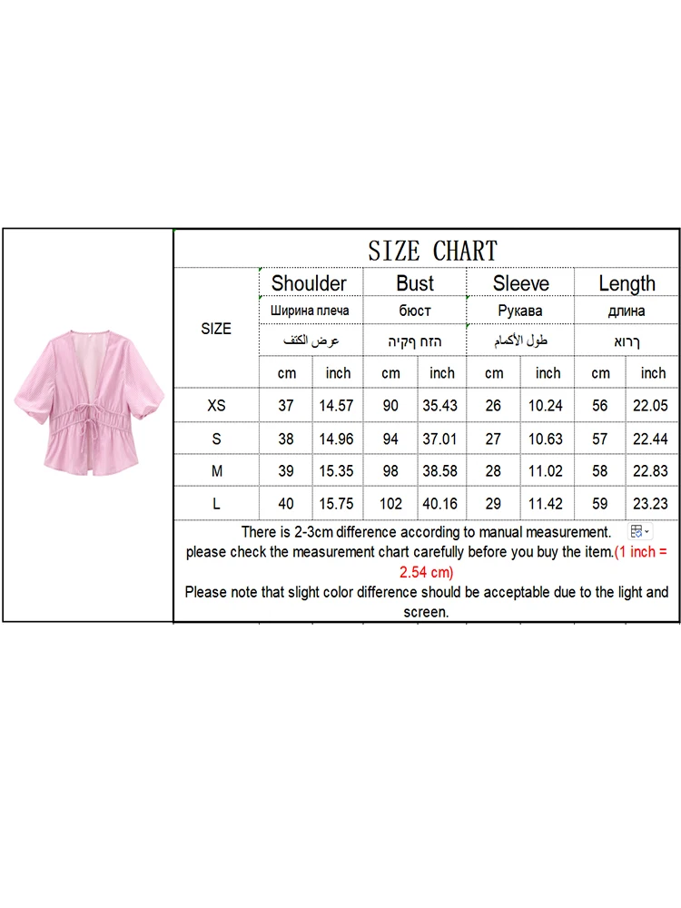 TRAF Sweet Striped Printed Short Top For Women Fashion Bow Lace Up Decoration V-neck Top Daily Leisure Shirt Top 2024 New