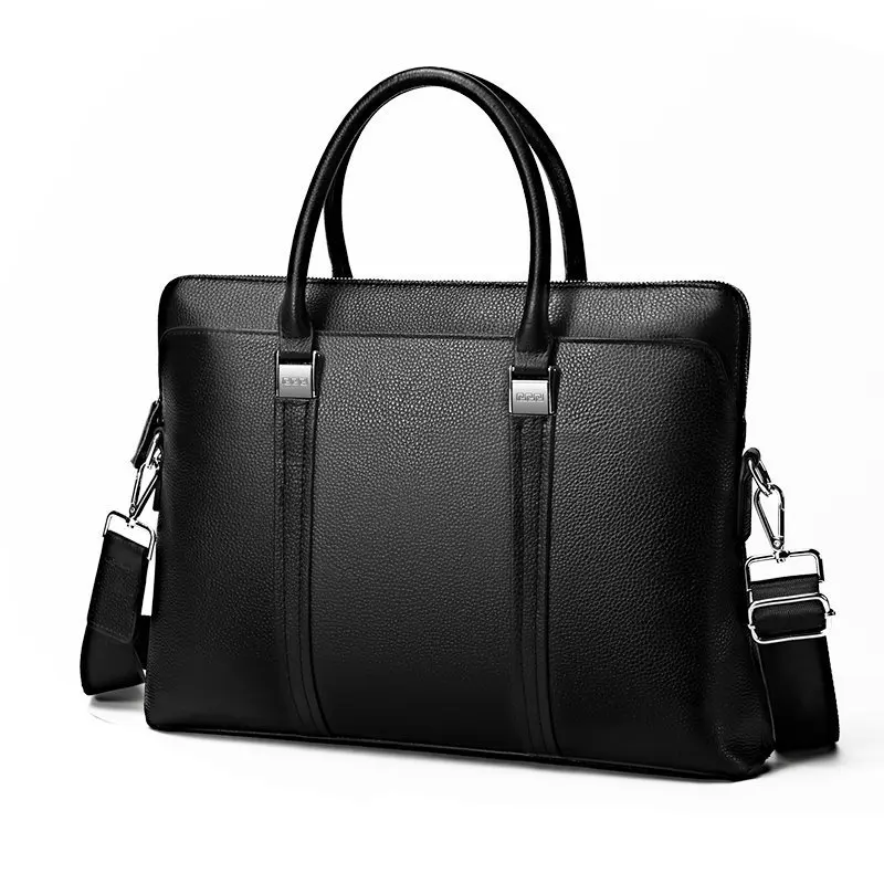 Men Black Genuine Leather Business Briefcase Large Capacity Cowhide Laptop Bag Shoulder Messenger Bag with Strap