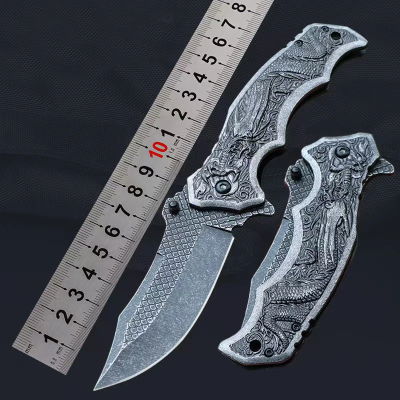 Tactical Dragon Pattern Flipper Assisted Folding Pocket Knife 5Cr13Mov Blade 420 Steel Handle Outdoor Hunting Camping EDC Knives