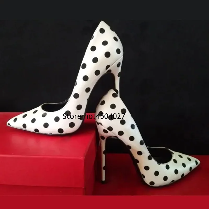 

Fashion Polka Dots Satin Pointed Toe High Heels 12cm 10cm 8cm Slip-on Shallow Stiletto Pumps Party Dress Women Shoes