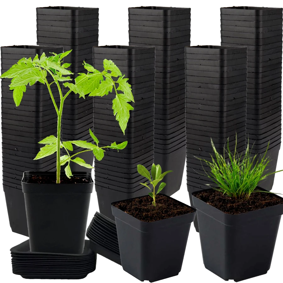 6/12/24pcs Black Square Flower Pot with Tray Office Indoor Outdoor Decor Flower Beds Garden Nurseries Plastic Flowerpot XJM