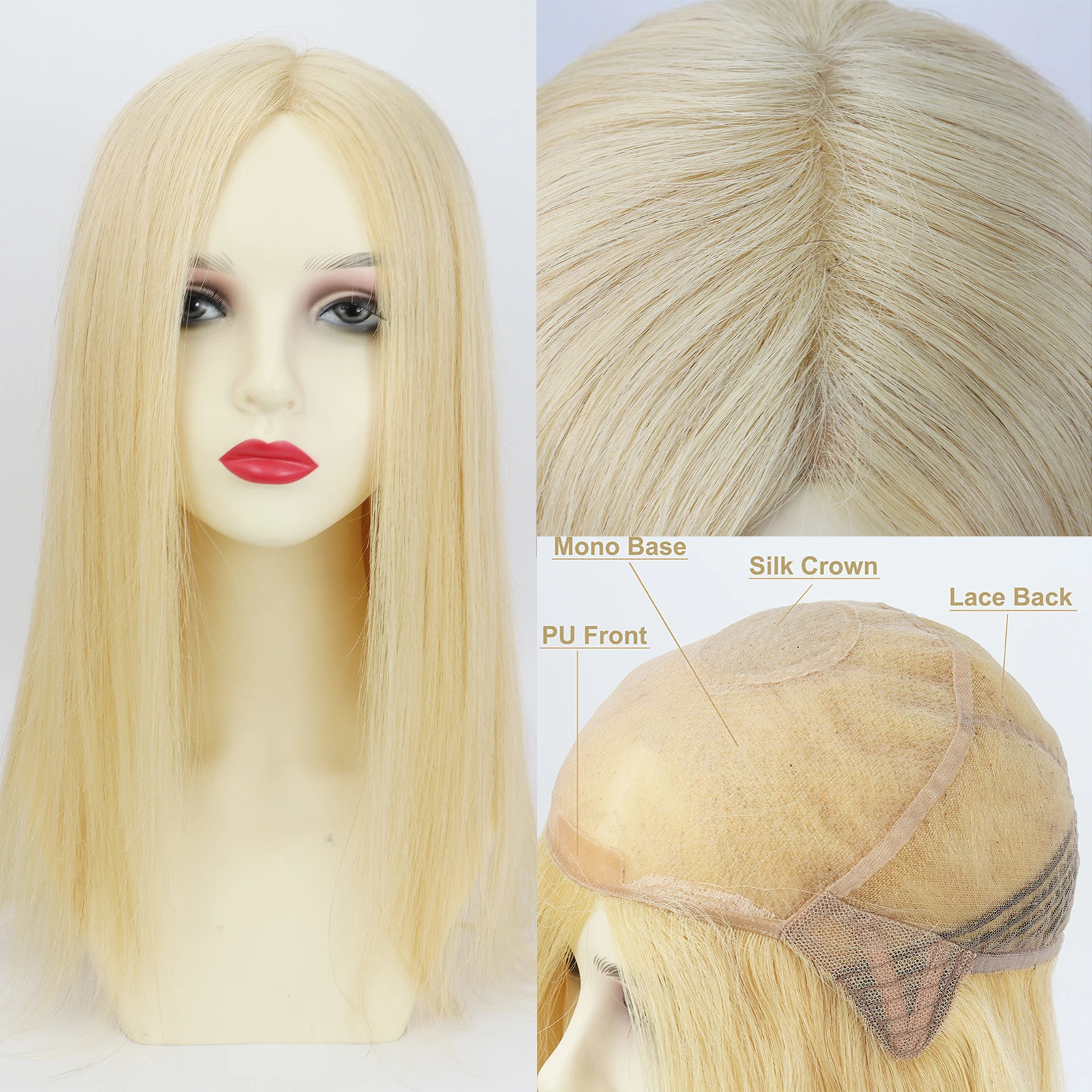 

Silk Crown Human Hair Wig for Women Mono Base Wig with PU Front 14inch Real Virgin Hair Silk Top Light Blonde #613 Lace Back
