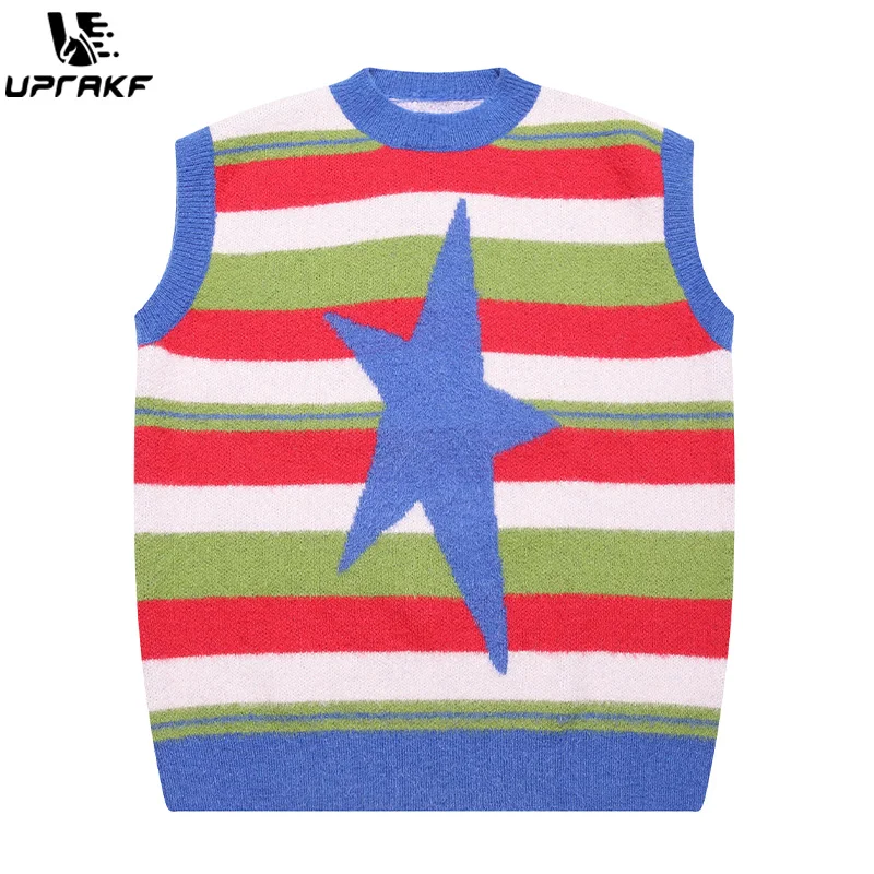 UPRAKF Knitted Vest Star Striped Sweater Sleeveless Autumn Loose All-Match Winter Tops Trendy Pullovers