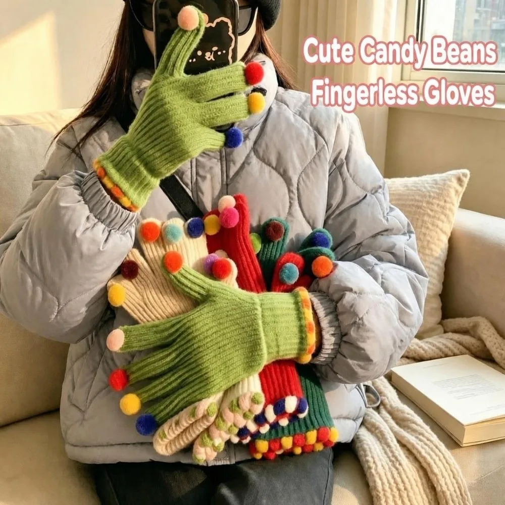 Warm Candy Pom Pom Knit Gloves Cycling Candy Color Winter Cold Proof Knitted Gloves Thermal Knitted