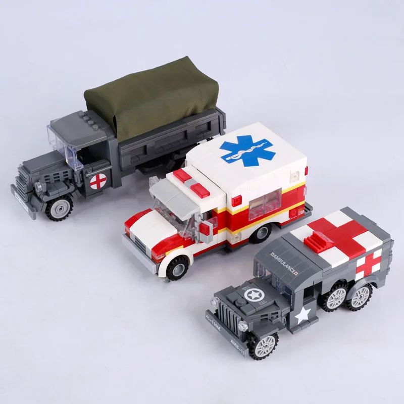 World War II Military Truck MOC City Ambulance Building Block American Medical Vehicle Brick Assembly Toy Boy Birthday Gift