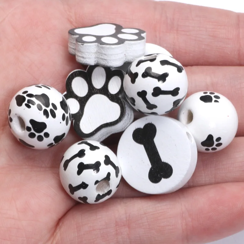 20pcs Mixed Cute Dog\'s Paw Bone Wooden Spacer Beads Natural Wood Beads For Diy Bracelet Necklace Jewelry Making Home Decoration