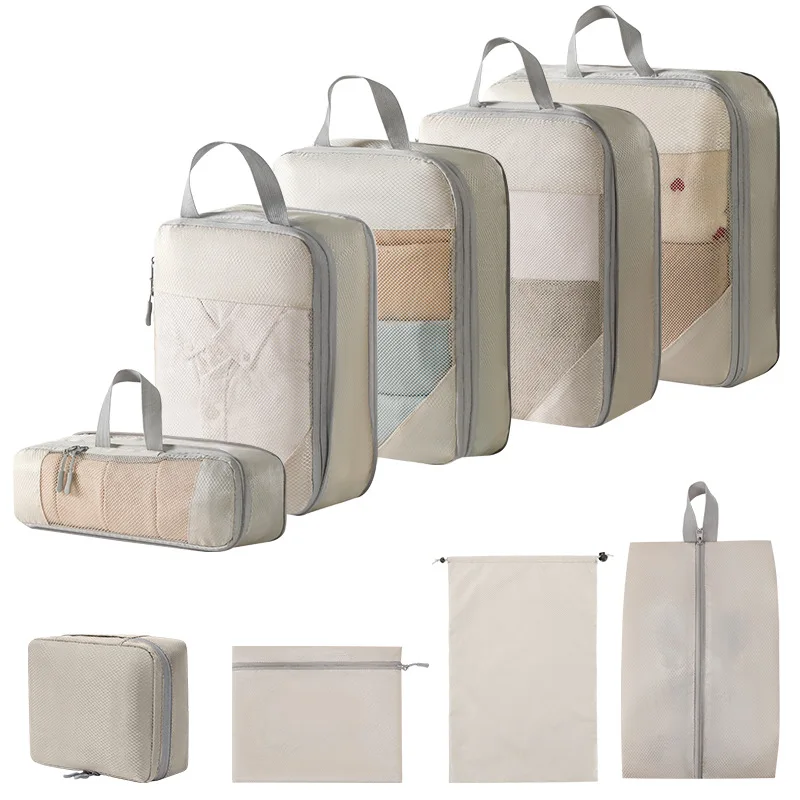 旅行用圧縮メッシュ収納バッグ5点セット-荷物-衣類-靴-洗面用具-オーガナイザーバッグ-ハッピードッキング圧縮収納バッグ