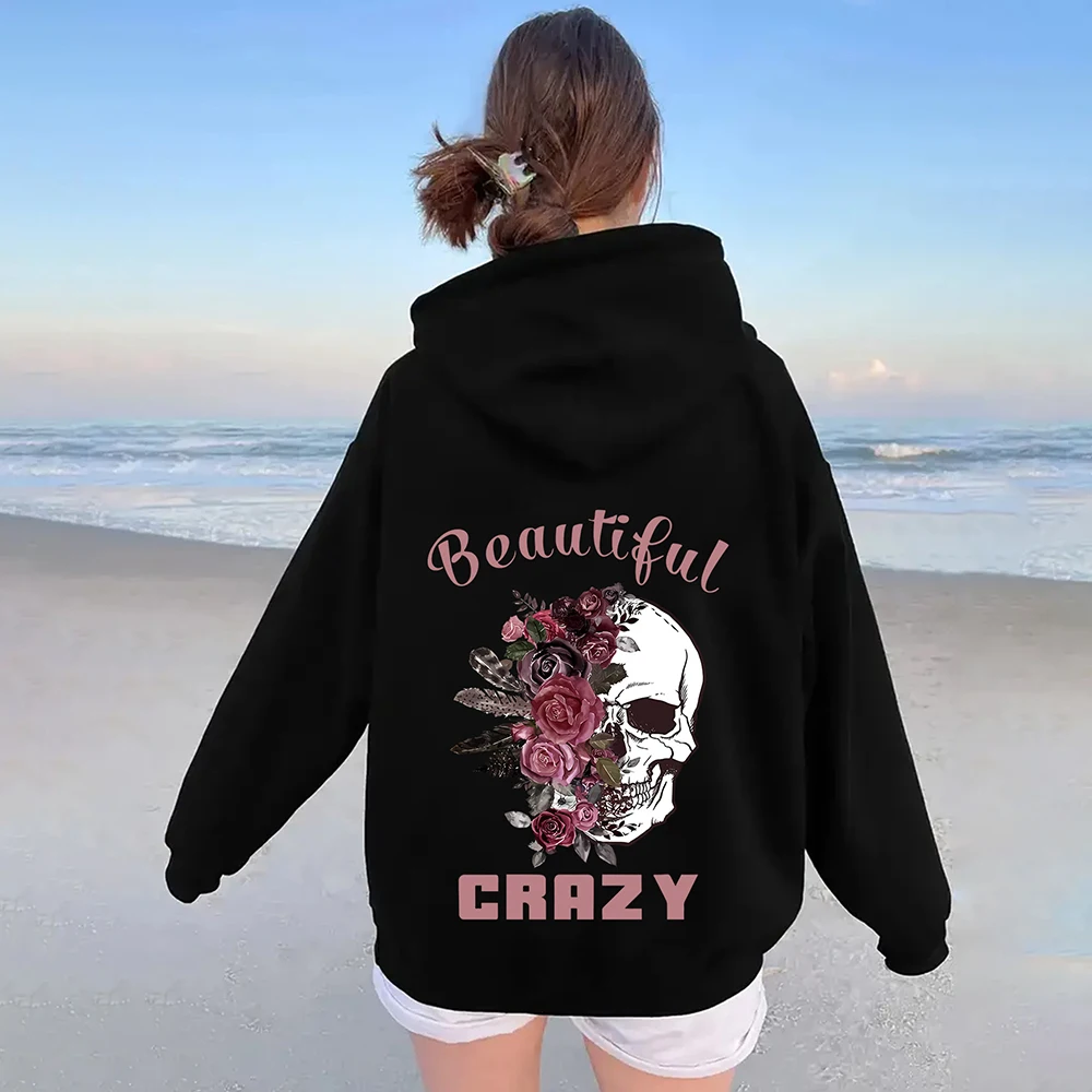 

Skull Rose Pattern Fashion Women's Sweatshirts Designer No Pockets Women's Hoodie Casual Loose Pullover Hoodies Y2K Clothes