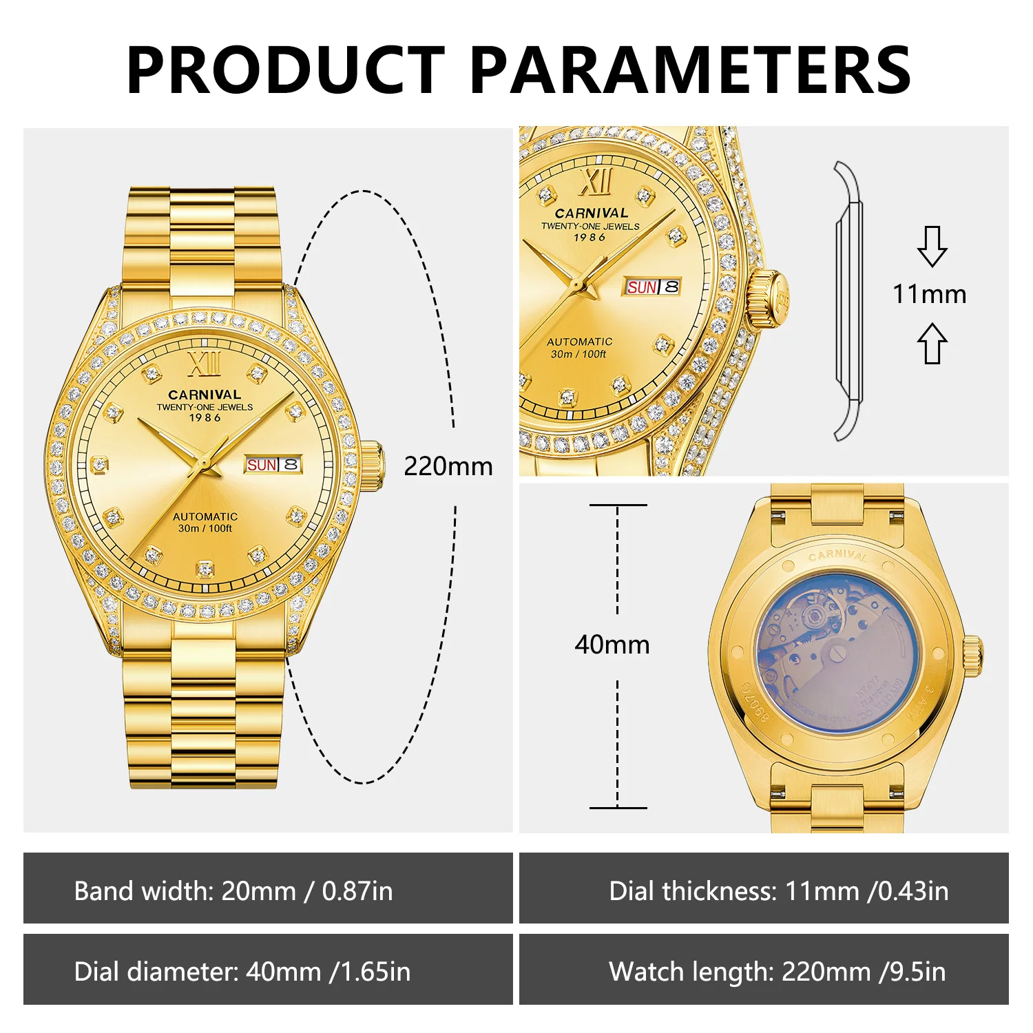 Mens Full Gold Watch,Automatic Mechanical Gilded Steel Self-Wind Sapphire Glass Waterproof Watch,Diamond Business Stainless Stee