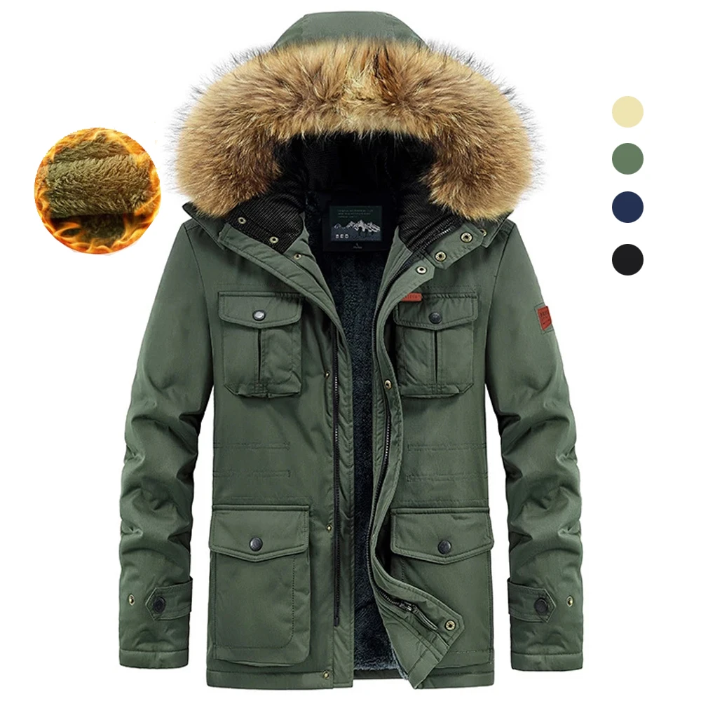 Thick Winter Parkas Men Hooded Jacket Men Fleece Outwear Cotton Fur Hat Coats Outdoors Tops Windbreaker Plus Size 8XL