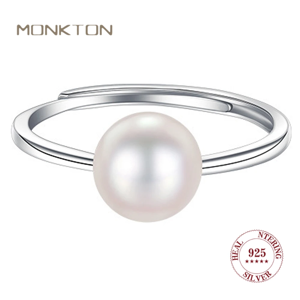 

Monkton Real S925 Sterling Silver 6mm/8mm Fresh Water Pearl Rings for Women Simple Adjustable Wedding Rings Fine Jewelry