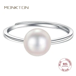 Monkton Real S925 Sterling Silver 6mm/8mm Fresh Water Pearl Rings for Women Simple Adjustable Wedding Rings Fine Jewelry