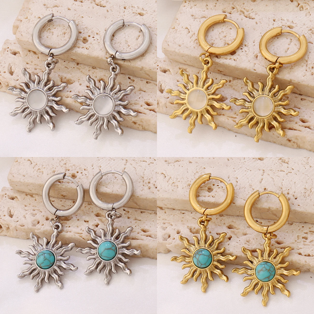 Vintage 316L Stainless Steel Sun Pendant Earrings for Women 