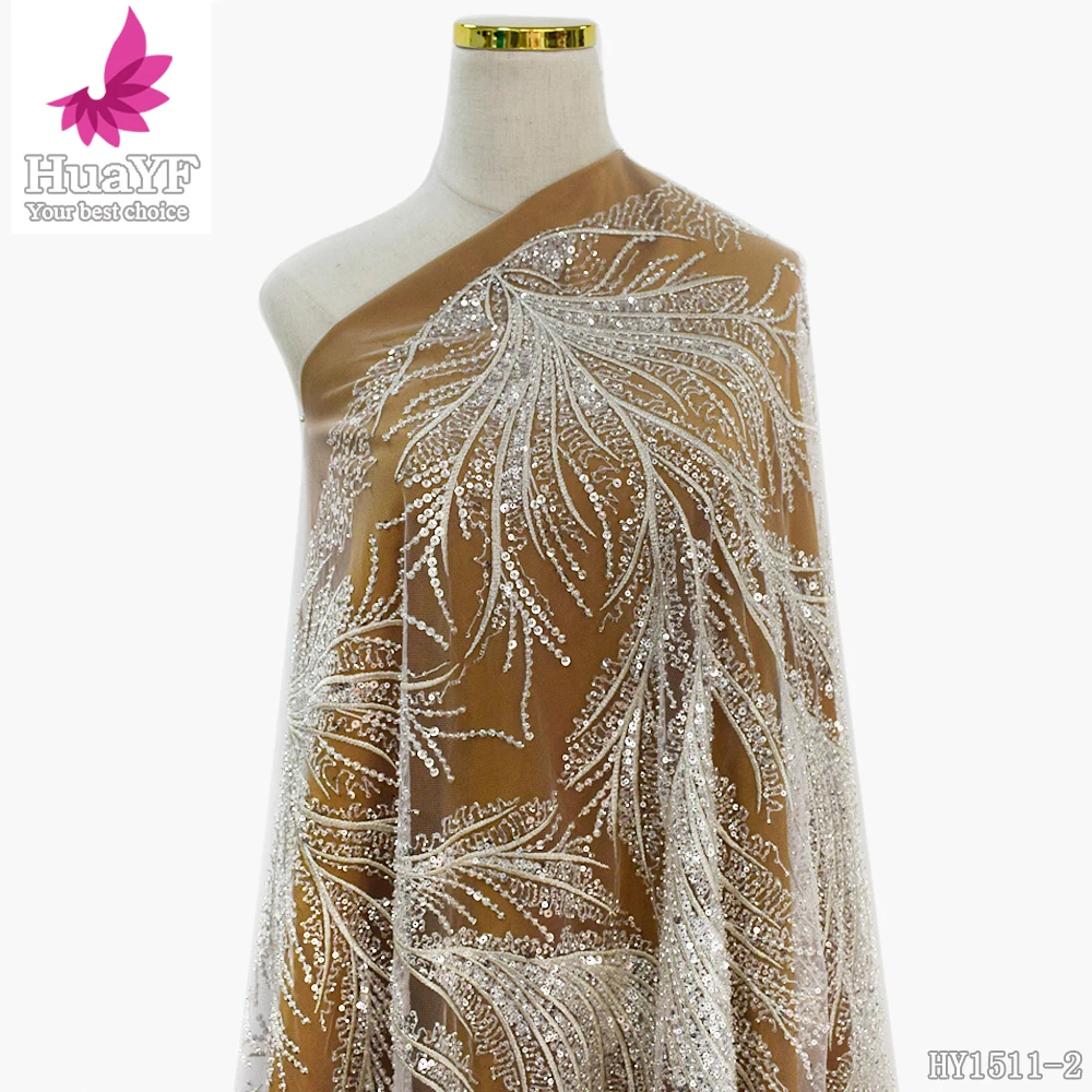 1 Yard French Sequin Heavy Bead Leaf Shaped Tulle White Romantic Bridal Wedding Dress Lace Fabric HY1511