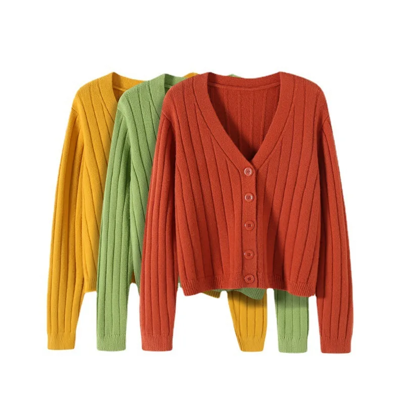 

JIAYAN 2025 Spring Women Sweters Short Loose Long Sleeve V-Neck Cardigan Knitted Sweater Jacket Top for Women