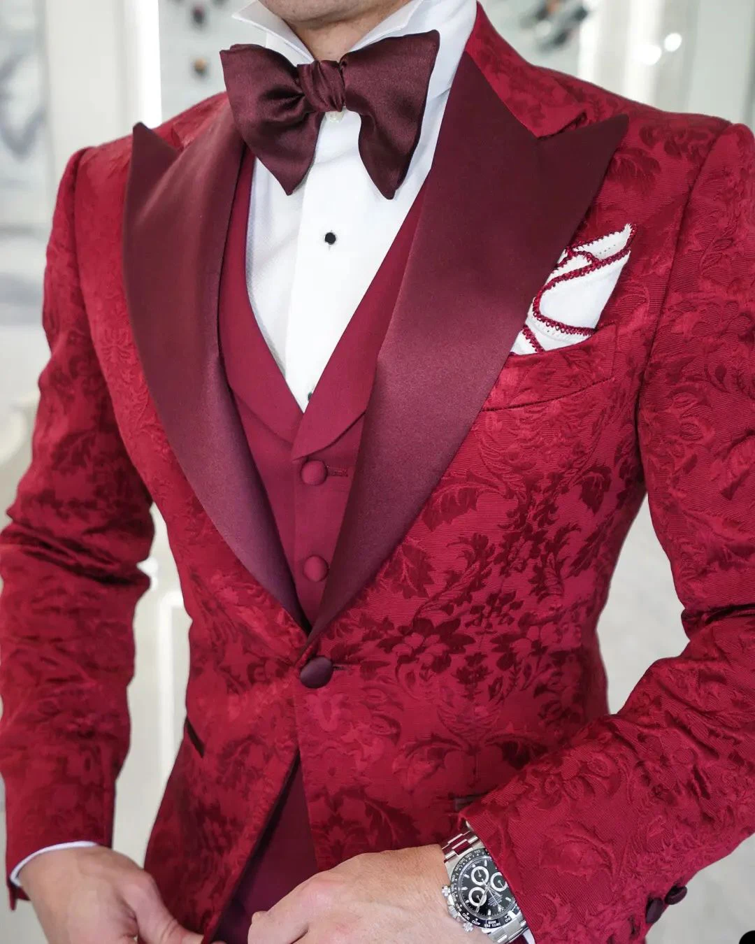 Red Floral Pattern Men Wedding Tuxedos 3 Pieces Groom Dinner Business Evening Suit Birthday Party Wear