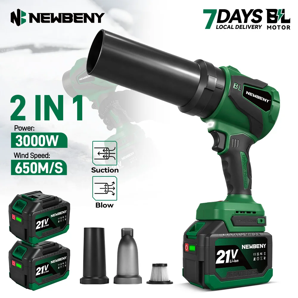 NewBeny 2-in-1 bürstenloser 6-Gang 3000W elektrischer Turbo-Gebläse-Jet-Lüfter 650M/S, leistungsstarker Autotrockner, Schnee- und Staubbläser für Makita-Akku
