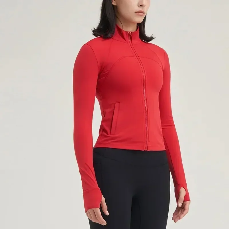 Solid Color Women Sport Jacket Long Sleeve full zip Gym High Neck Yoga Wear Coat Fitness Top Comprehensive Training side pockets