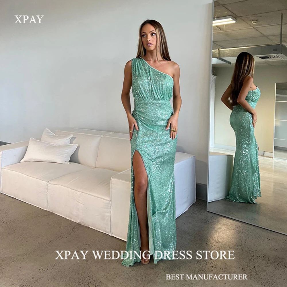 

XPAY Sparkly Mint Green Mermaid Evening Dresses Women One Shoulder Wedding Party Dress Split Long Prom Gowns Formal Occasion