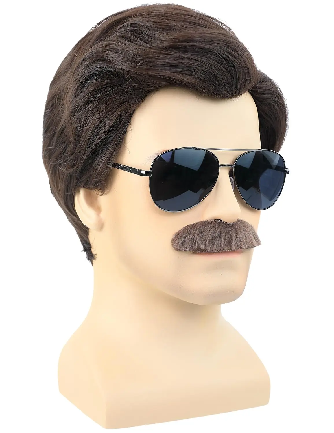 Synthetic Short Brown Men Wig with Msutache and Sunglasses for 70s 80s Costume Cosplay Halloween Party, Ted Lasso Cosplay Wig view 2