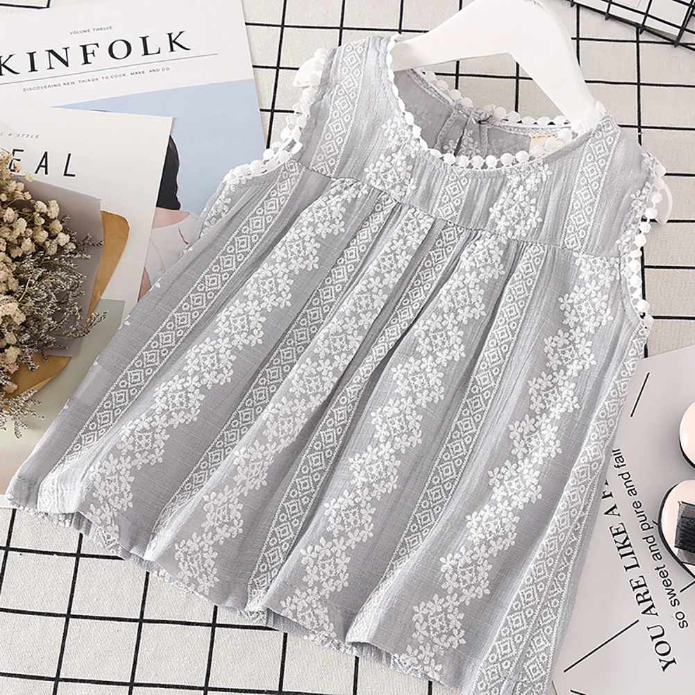 1-6T Summer Girls Blouse Cotton Pullover Sleeveless Tops T Shirt Kids Blouse Floral Lace Casual Children Dress Clothes