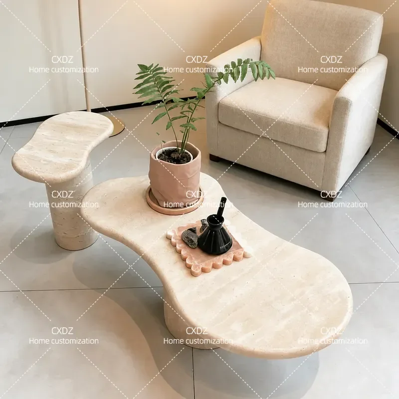 Natural Travertine Coffee Table Cream Wind Marble Tea Table High End Stone Side Table Creative Living Room Furniture