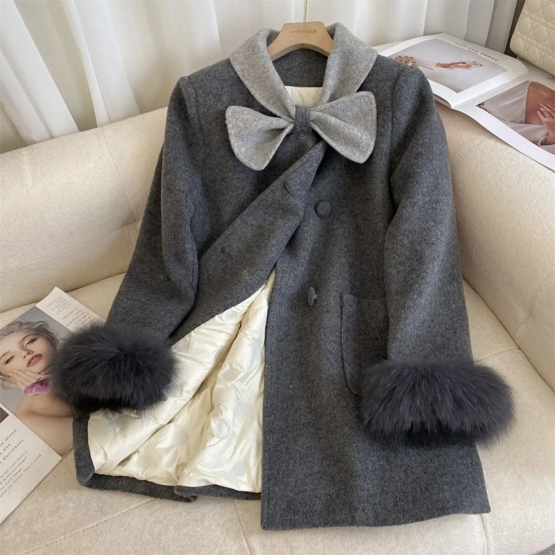 

Imitation Fox Fur Coat Women'S 2025 Winter New Style Anti-Aging Western-Style Bow Collar Double Breasted Down Inner Jacket