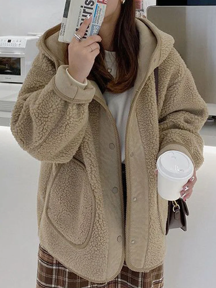 Autumn Winter Jackets Women Elegant Faux Fur Coat Female Casual Fashion Fluffy Hooded Jacket Loose Fleece Lambwool Outerwear