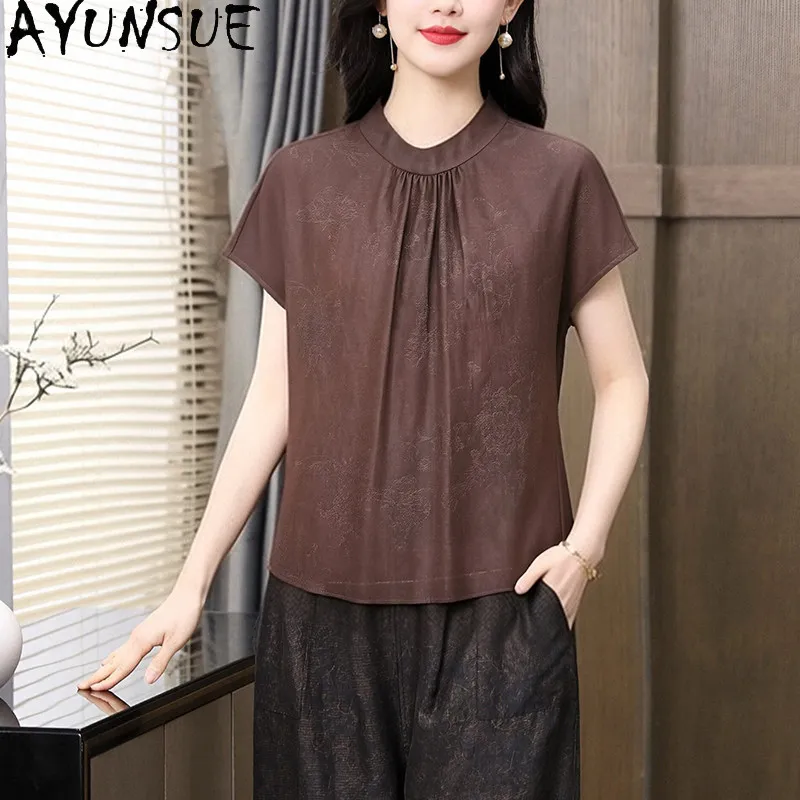 AYUNSUE 100% Real Mulberry Silk Women Tops Vintage Pleated Blouse for Women Summer Casual Women Clothing 2026 New Ropa De Mujer