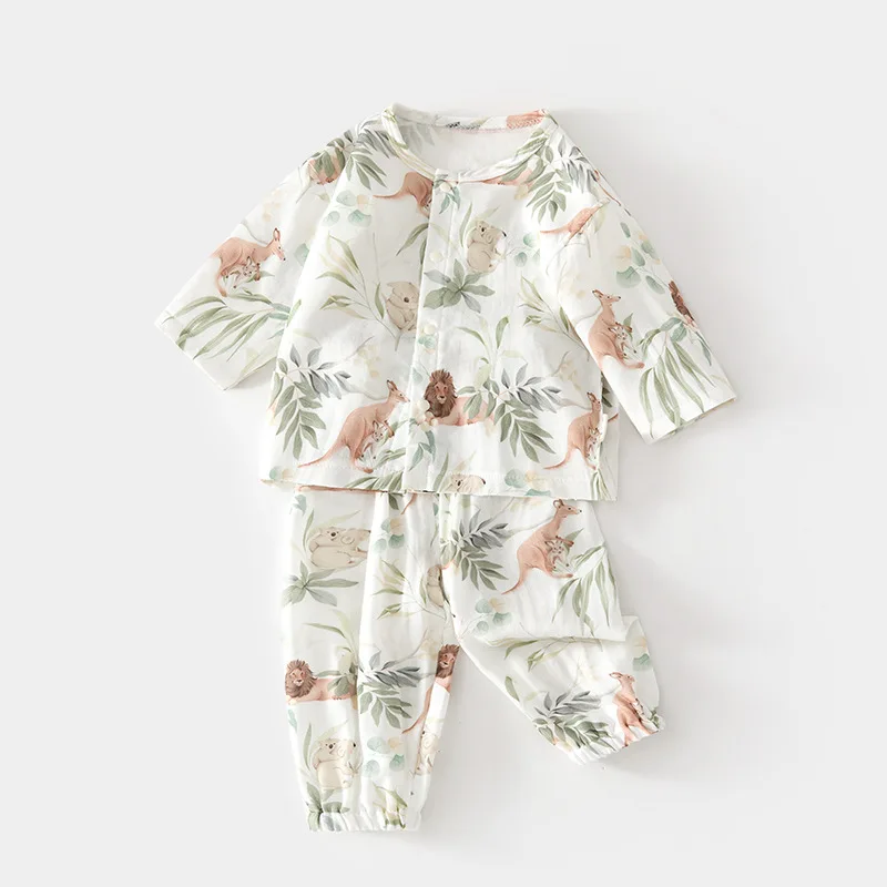 Baby Cotton Pajama Sets Baby Homewear Long-Sleeved Bamboo Fiber Top Pants Children Summer Air Conditioning Room Clothes Girls