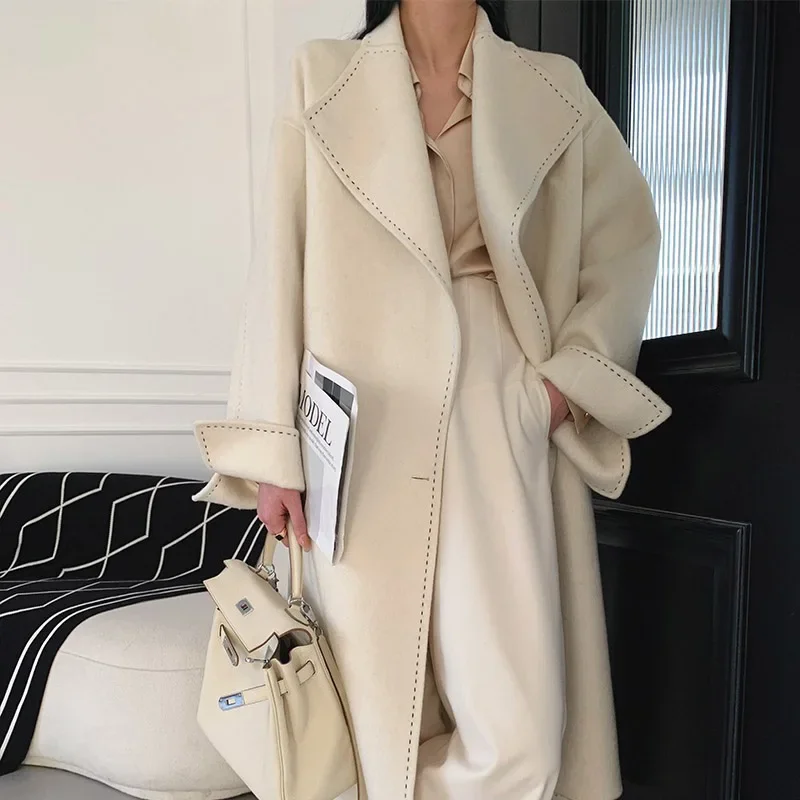 New Women Simple Arch Needle Doulbe-sided Wool Coat Loose Long Lapel Lace-up Fashion Woolen Jacket Warm Outerwear Autumn Winter