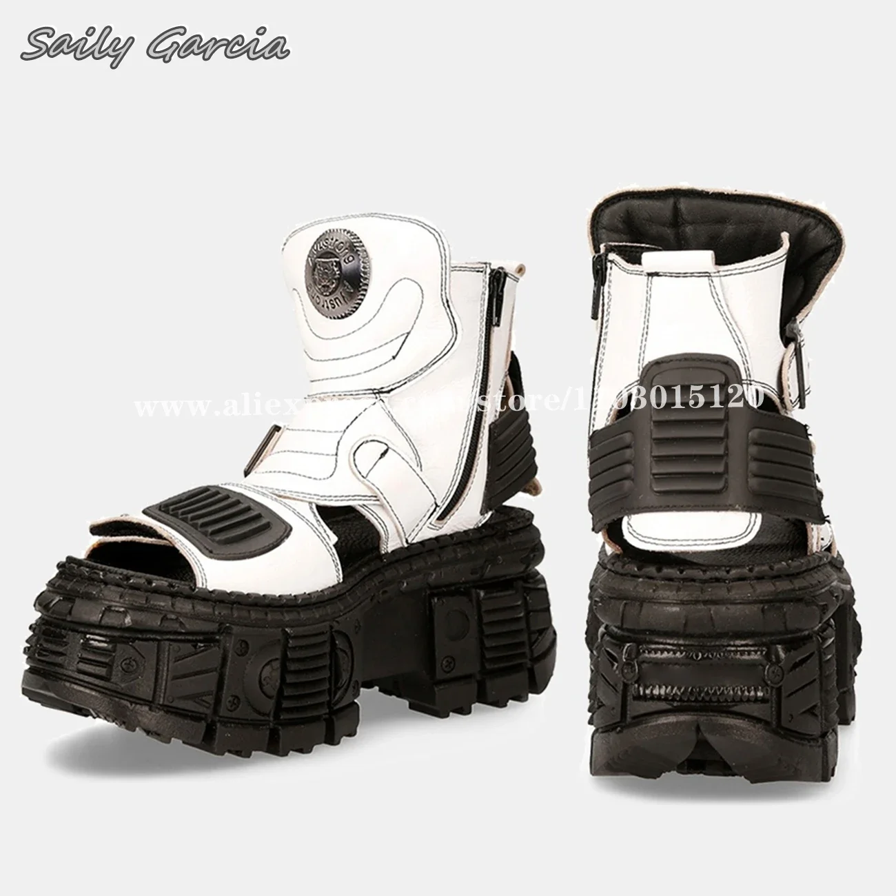 Rock Punk Style Tank Sole Belt Buckle Strap Sandal Boots 2024 Large Size Hollow Hook&Loop Casual Boots Open Toe Platform Shoes