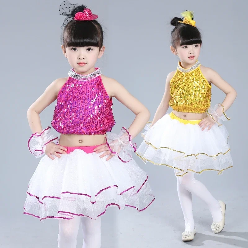 Kid Girl Pink yellow sequin jazz costume dress hip hop clothing skirt costume for children vest skirt