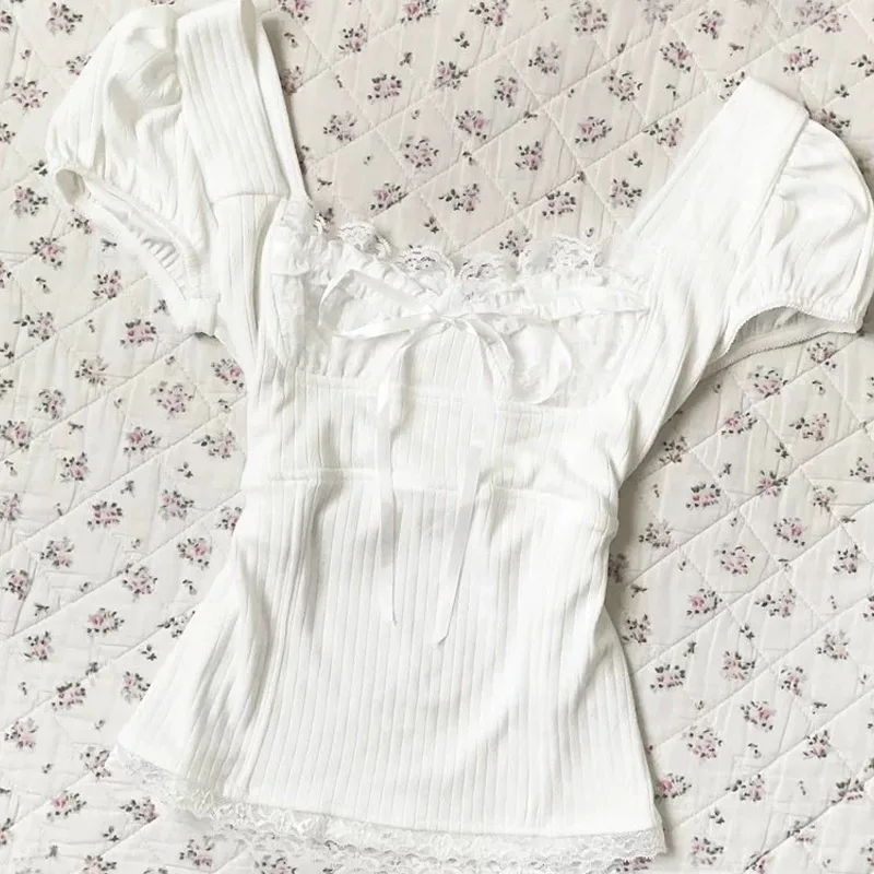 Deeptown Sweet Kawaii White T-shirts Women Shoujo Fashion Coquette Bow Short Sleeve Tees Korean Style Lace Patchwork T-Shirts