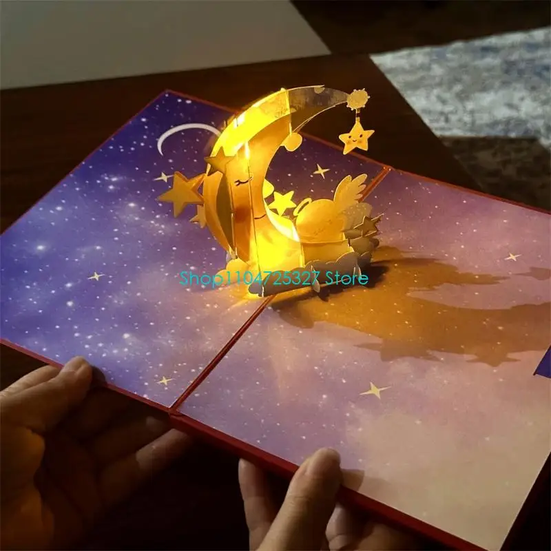 D8KF LED تضيء بطاقة مرحلة القمر ورقة مصنوعة يدويًا للذكرى السنوية لعيد الحب عرض المنزل بطاقة دعوة للحفلات