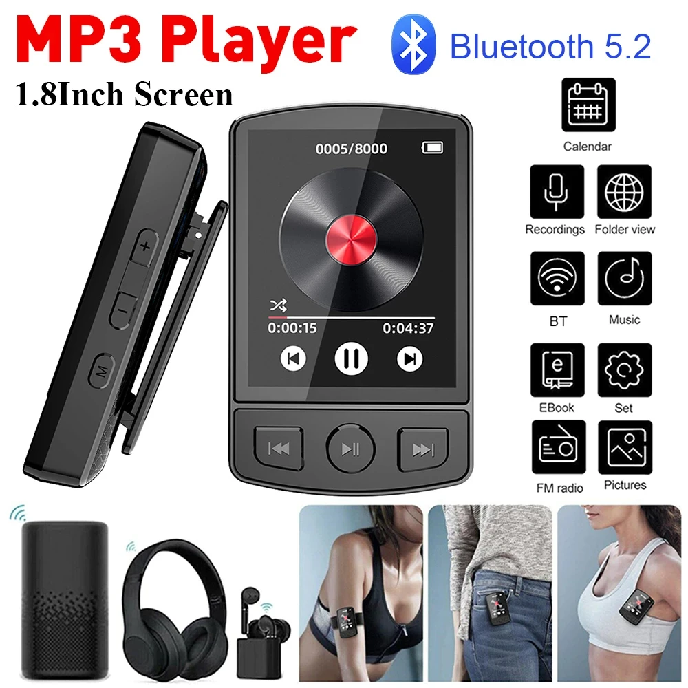 1.8inch MP3 Player Bluetooth 5.2 Clip Mini Walkman Portable HiFi Mp3 Music Player with Speaker FM Radio Recording EBook Clock