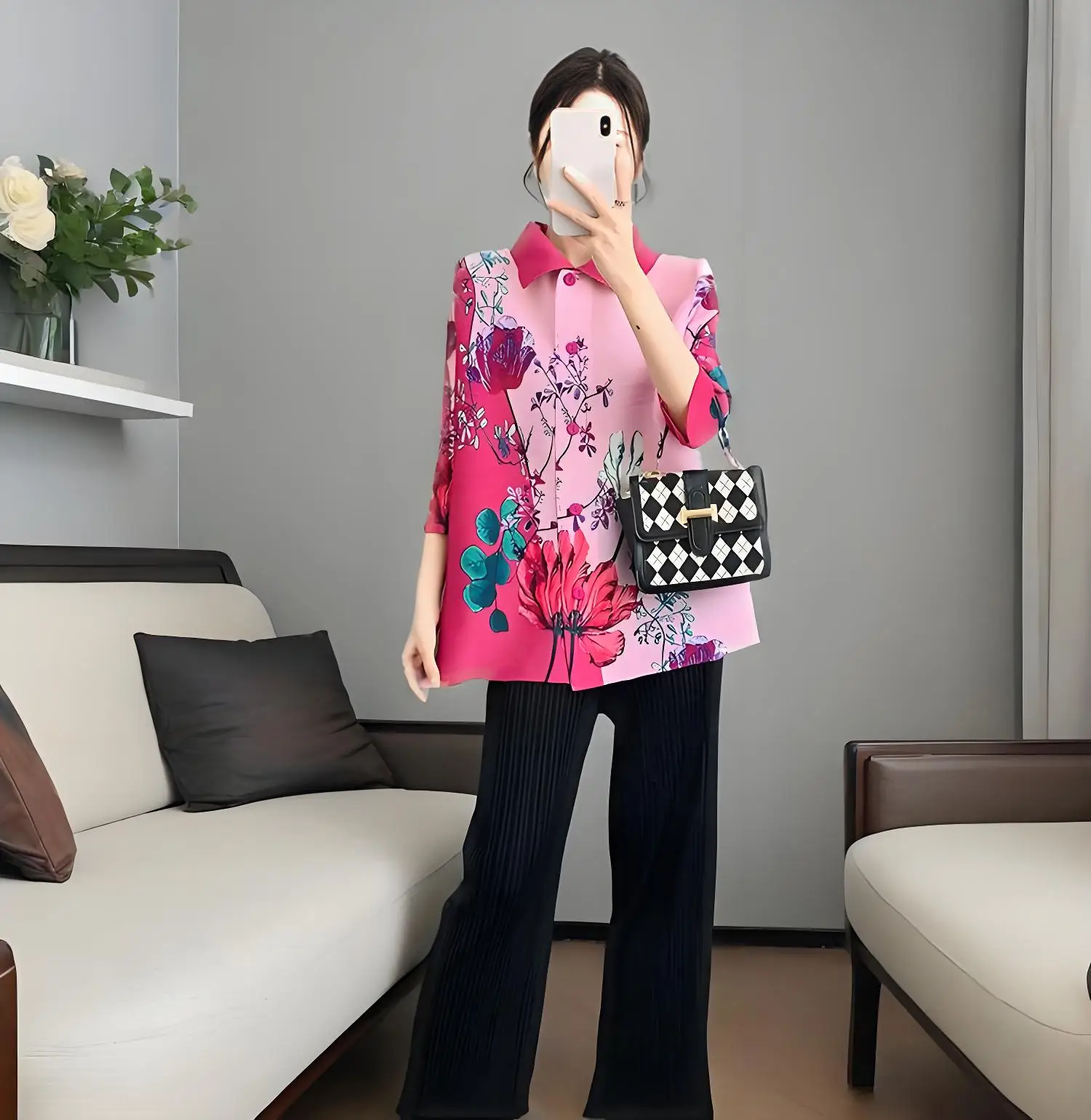 

Miyake 2025 Summer New Pleated Printed Top Women's Lapel Collar Single-breasted Seven-quarter Sleeve Short Versatile Open Shirt