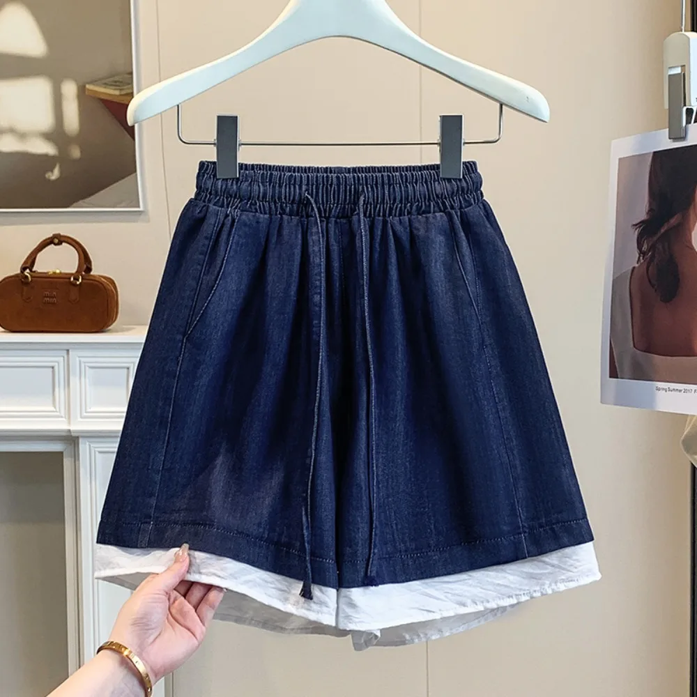 

Vintage Blue Lace Splicing Drawstring Five-point Denim Shorts Women's 2026 Summer High Waist Holiday Casual Wide-leg Short Pants