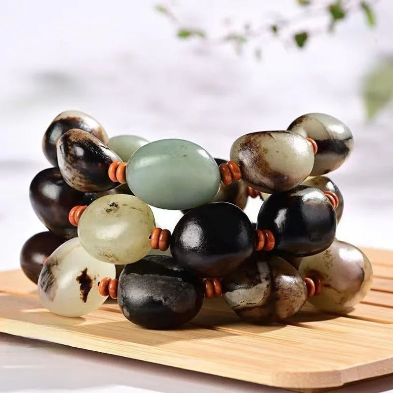 Xinjiang Hetian Jade Pebble Rough Stone Single Ring Bracelet Men's and Women's Ethnic Style Black Leather with Shape Beads