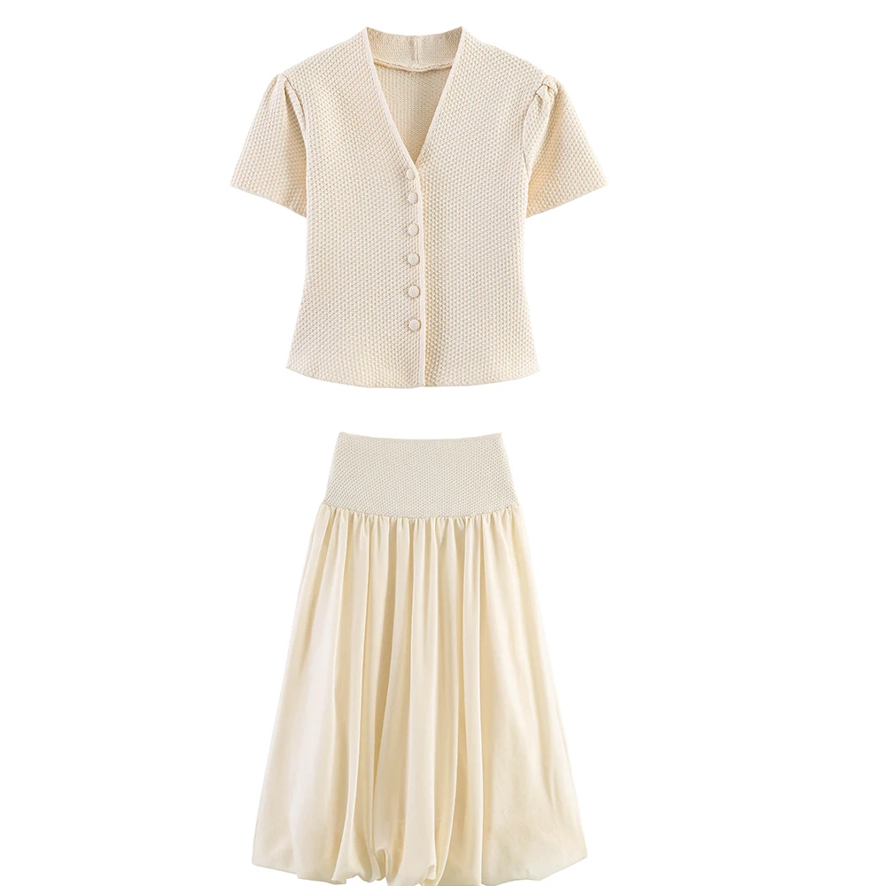 Chaqueta tipo cárdigan de punto estructurada, de manga corta, con cuello en V, estilo minimalista de verano, con top corto tipo camisola y falda a media pierna.
