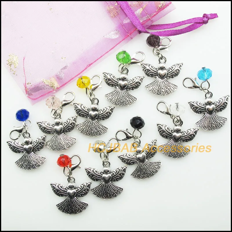 10Pcs Mixed Crystal Tibetan Silver Plated Angel with Clasp Charms Pendants 21x23mm