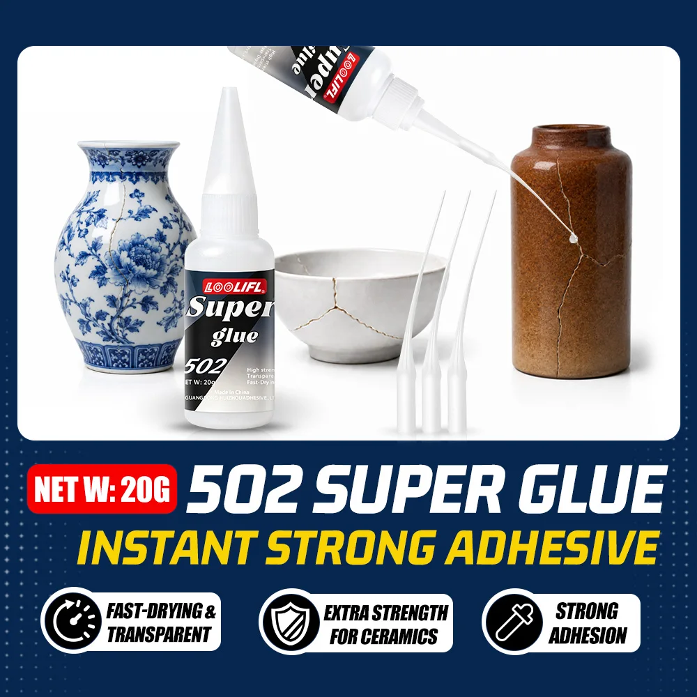Loolifl-502-20Ml Instant Transparent Cyanoacrylate Medium Thick Viscosity Adhesive, Food-Safe Ca Glue for Shoe Repair, Leather, Ceramics, Plastic, Glass, Metal, Aquariums, Rubber, Pottery, Model Crafts view 6