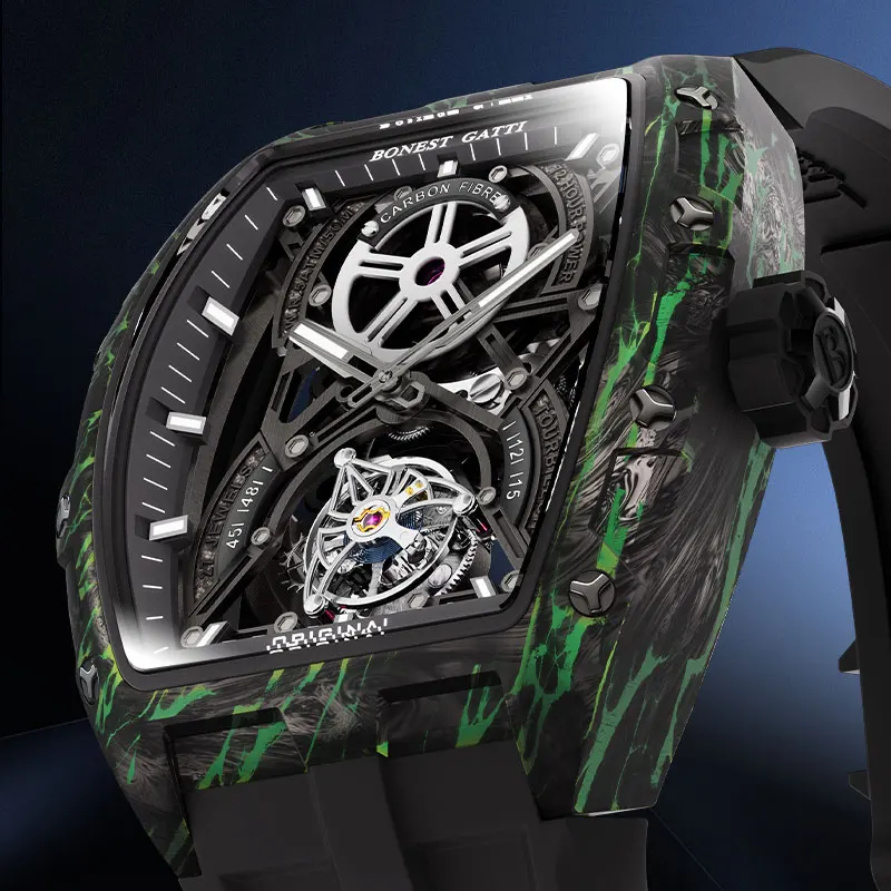 

BONEST GATTI 2025 New Luxury Men Automatic Mechanical Tourbillon Skeleton Carbon Fiber Luminous Barrel Case Wristwatch