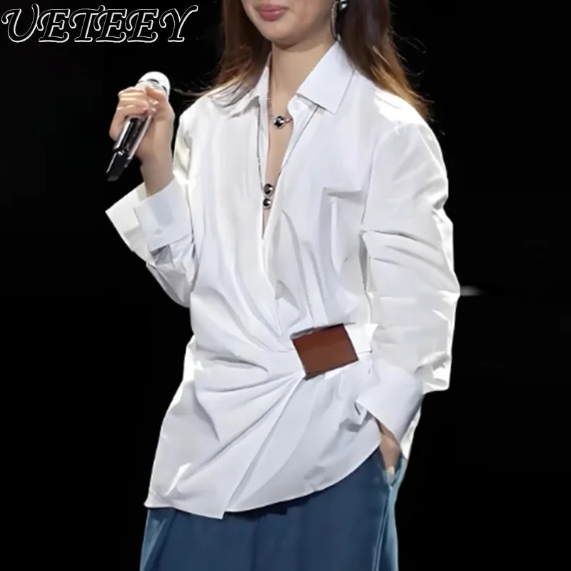 

Women's White Shirt Top Women's 2025 Summer New Fashion Temperament Casual Style Pleated Design Loose Long-sleeved Blouse Female