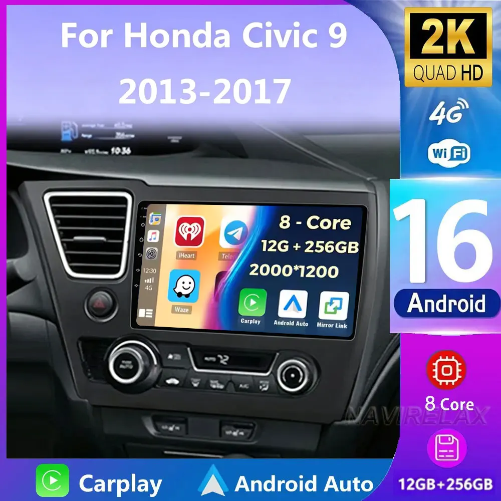 Android 16 Autoradio Carplay für Honda Civic 9 FK FB 2012-2017 Navigation GPS Auto Stereo Multimedia Player 5G Wifi Video ohne 2di